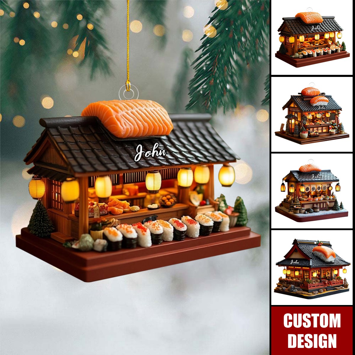 Custom Japanese Sushi Shop Christmas Ornament, Miniature Holiday Market With Salmon & Bowls