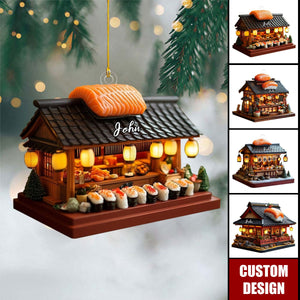 Custom Japanese Sushi Shop Christmas Ornament, Miniature Holiday Market With Salmon & Bowls