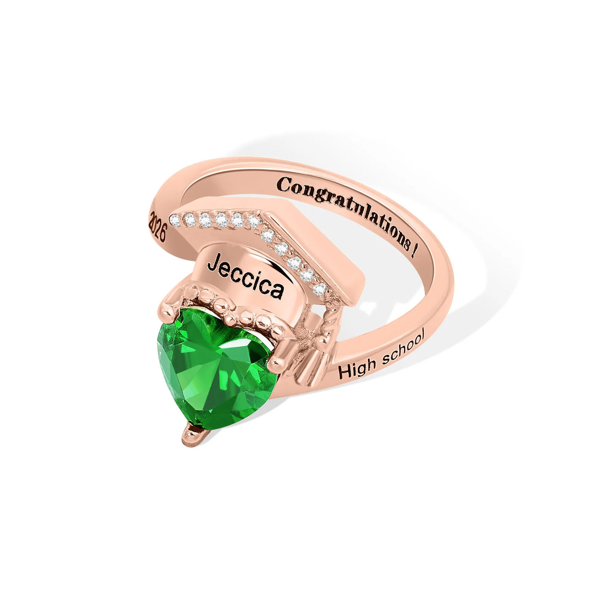 Personalized Zircon Grad Cap Heart Birthstone Ring - Dainty Jewelry Birthday Graduation Gift for Women Graduates