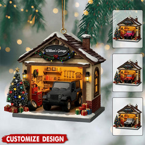 Personalized Garage Scene Christmas Ornament - Gift For Car Enthusiasts