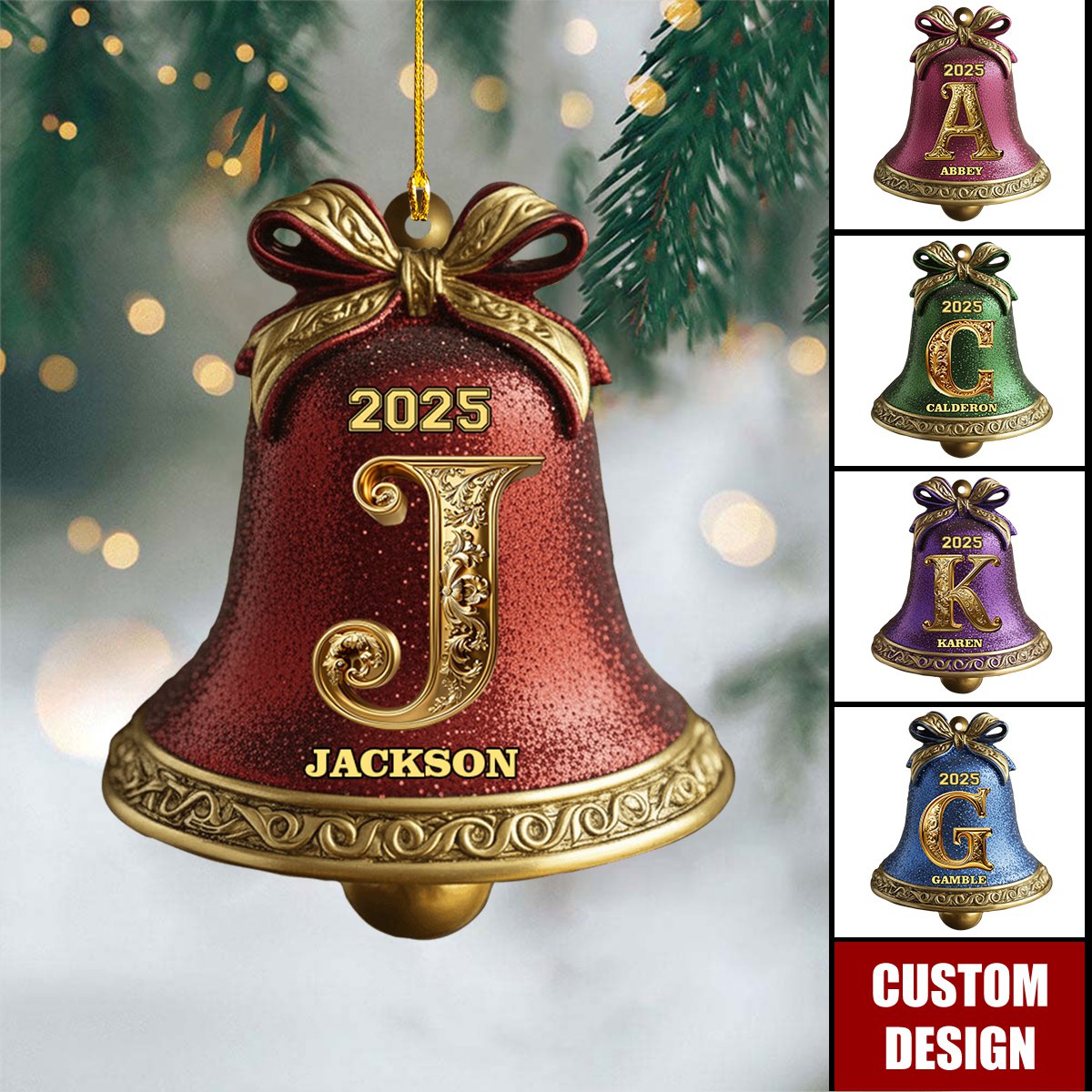 Custom Gold Bell Initial For Family, Merry Christmas 2025 - Personalized Family Ornament