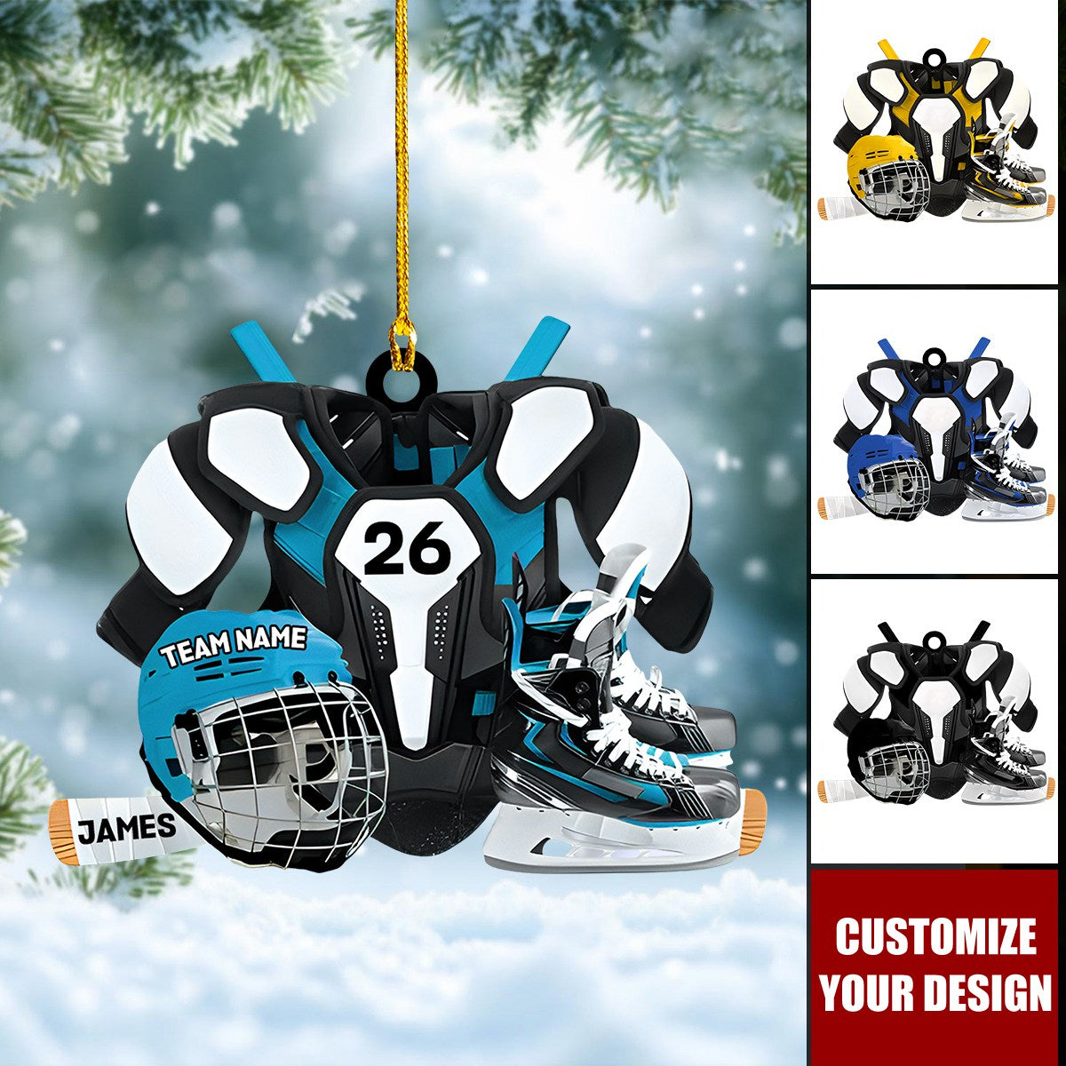 Personalized Hockey Player Ornament - Skates, Helmet, Stick - Gift for Hockey Lovers