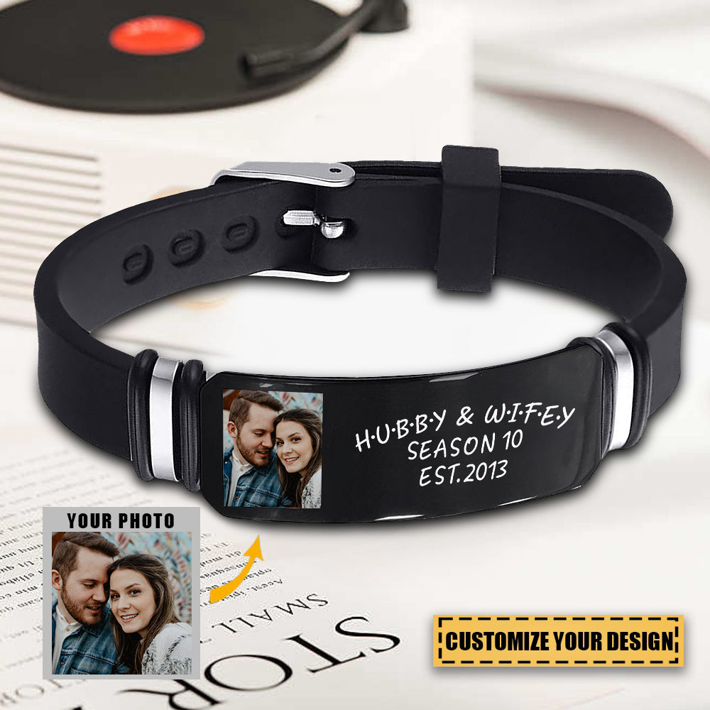 Custom Photo Hubby And Wifey - Birthday, Anniversary Gift For Spouse, Husband, Wife, Couple - Personalized Engraved Bracelet