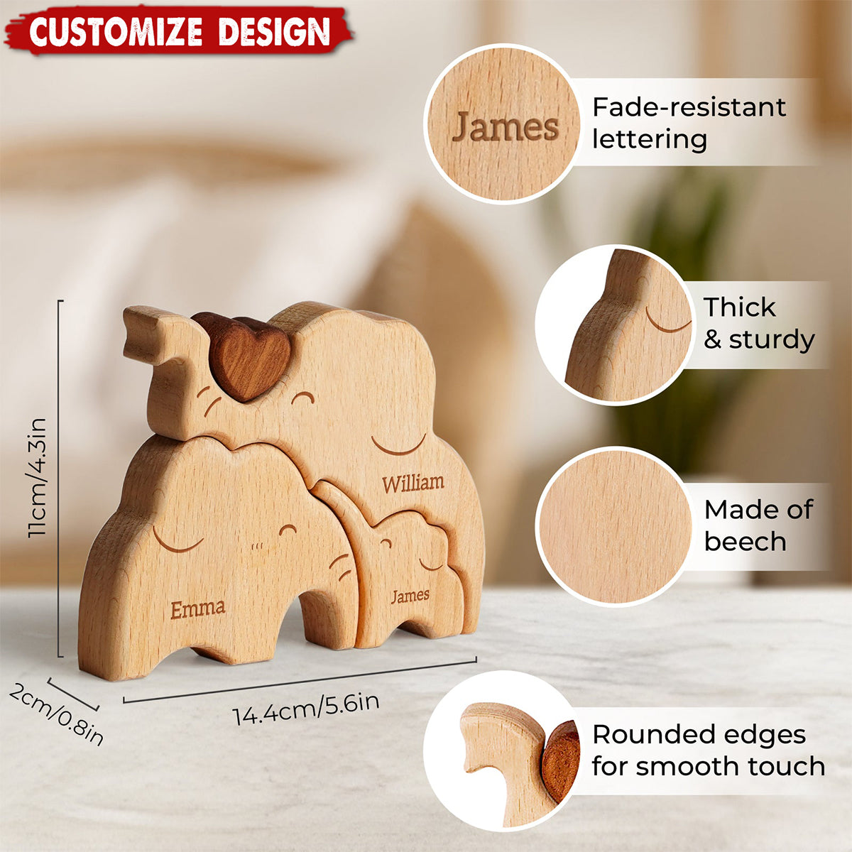 Mommy Elephant Family Wooden Puzzle - Mother's Day Gift For Mom,Grandma
