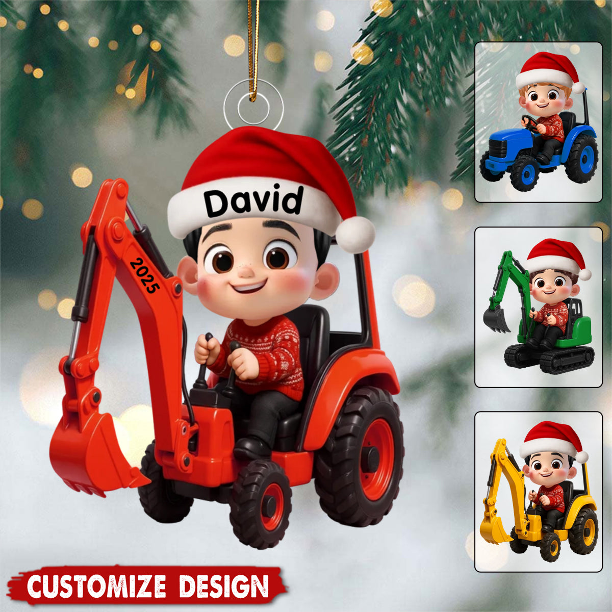 Little Boy Kid With Construction Vehicle Excavator Backhoe Tractor - Christmas Personalized Acrylic Ornament