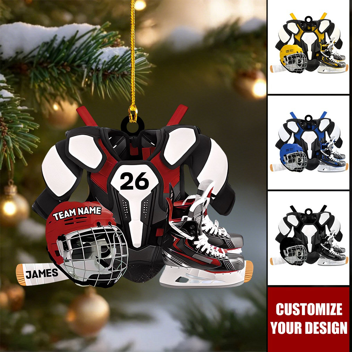 Personalized Hockey Player Ornament - Skates, Helmet, Stick - Gift for Hockey Lovers