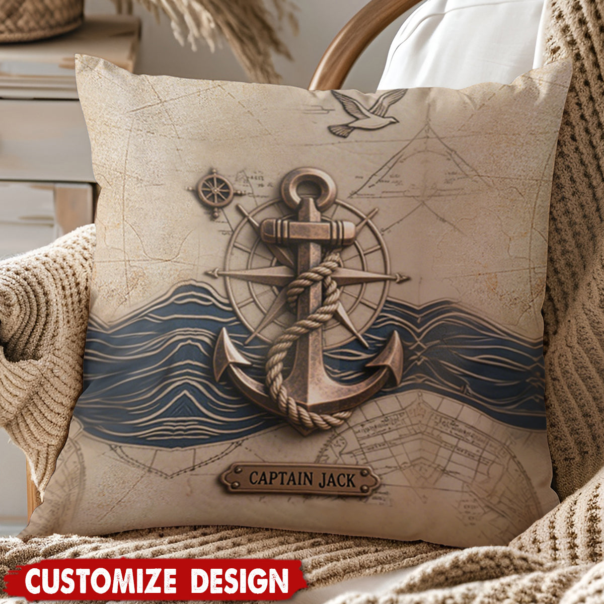 Nautical Anchor Vintage Nautical Map Fragment Personalized Pillow