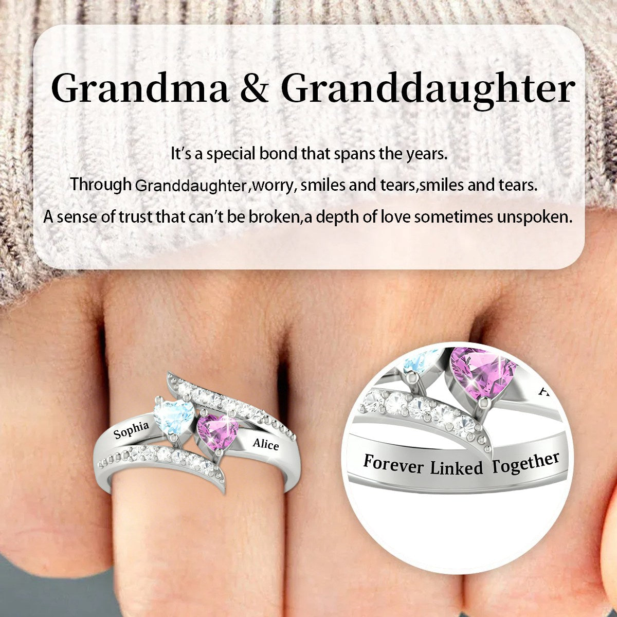 Forever Linked Together-Personalized Family Birthstones Ring-Gift For Grandma/Granddaughter