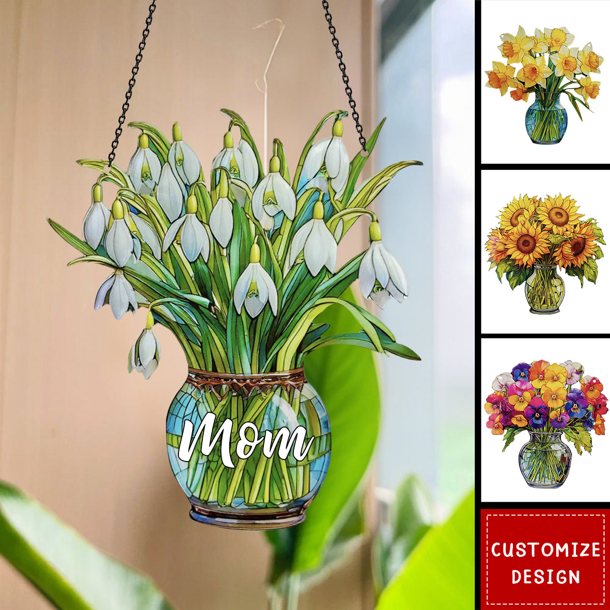 Everlasting Flower in Vase - Personalized Window Hanging Suncatcher Ornament