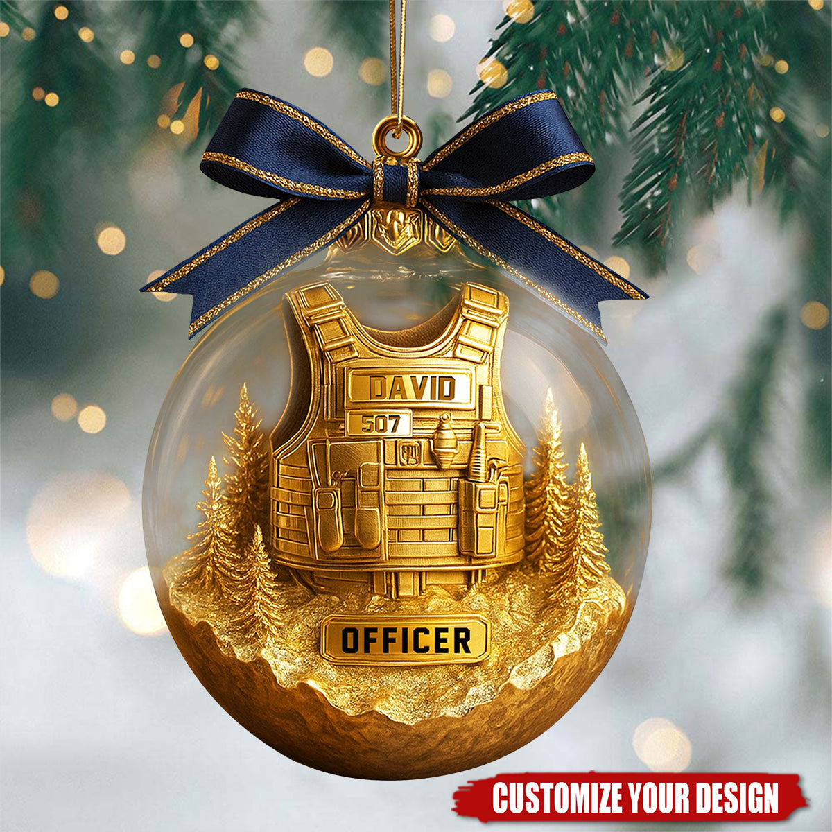 Personalized Police Officer Ornament with Golden Vest, Law Enforcement Xmas Gift