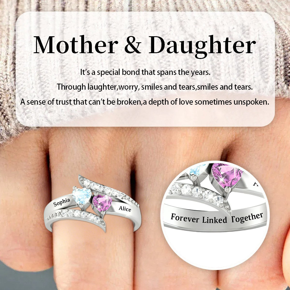 Forever Linked Together-Personalized Family Birthstones Ring-Gift For Mom/Daughter