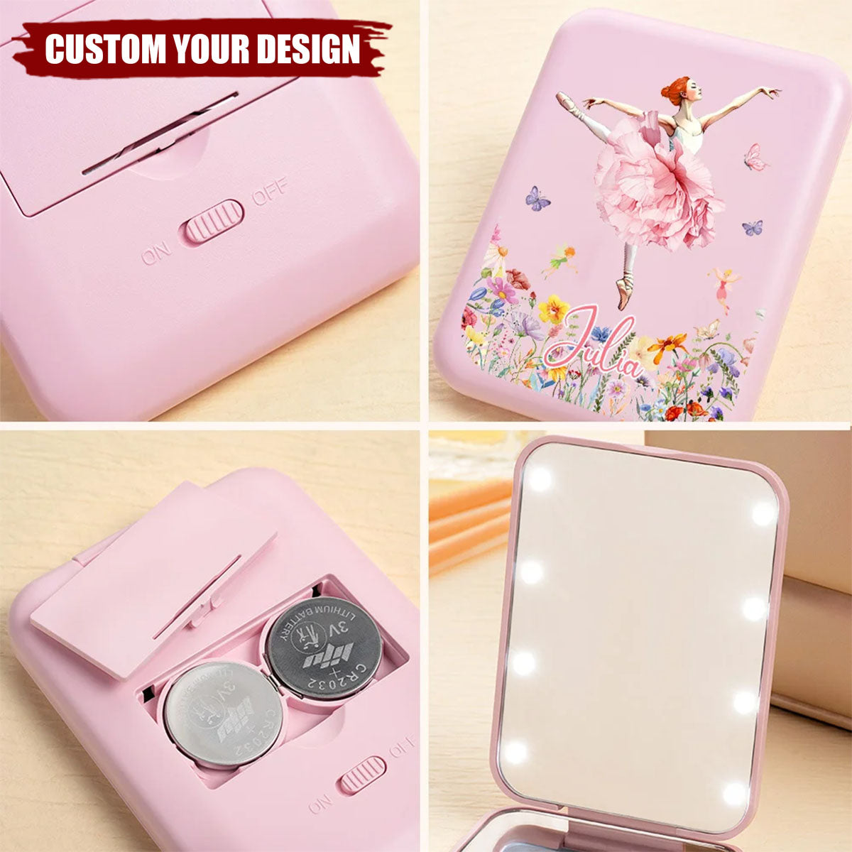 Personalized Ballet Girl Birth Flower LED Double-Sided Compact Makeup Mirror Gift for Ballerina