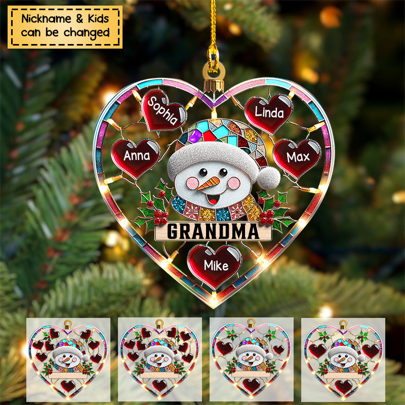Sparkling Grandma Mom Snowman Heart Kids Personalized Ornament