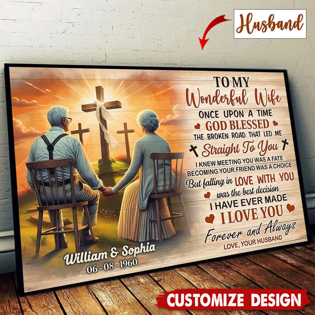 Cross God Gave Me You Old Couple Sitting Personalized Poster - Anniversary Gift For  Wife,Husband