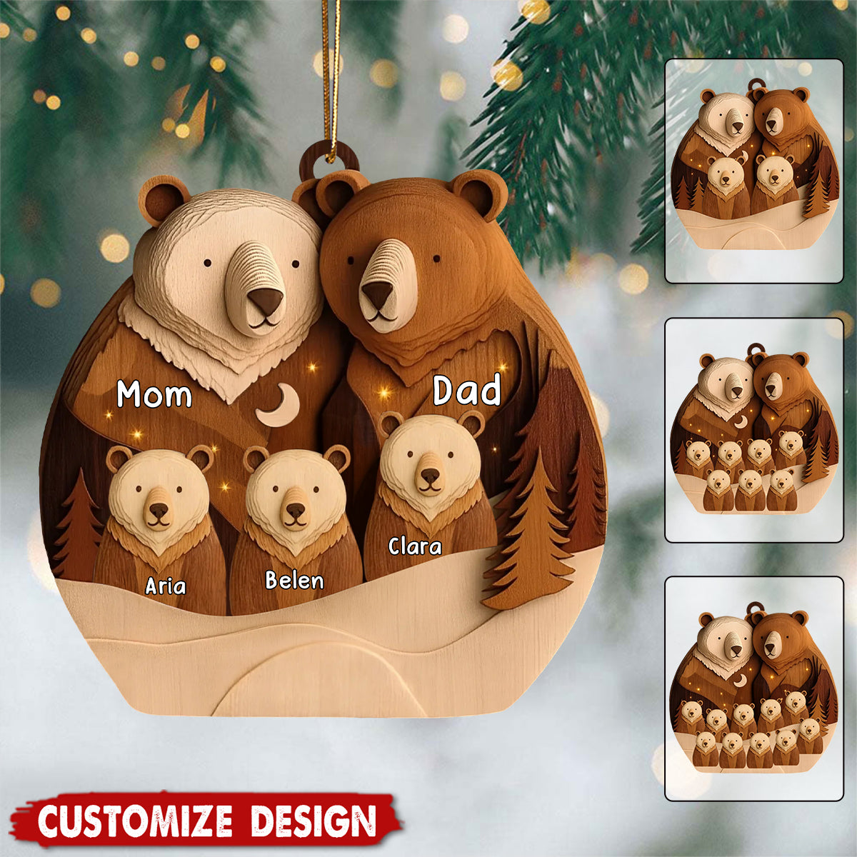 Personalized Bear Family Woodland Wooden Christmas Ornament - Gift for Family
