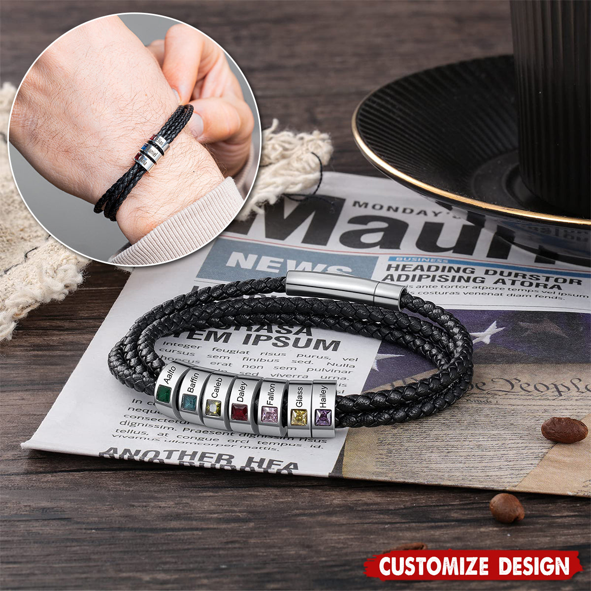 Personalized Mens Braid Bracelet with 1-8 Engraved Beads Family Names-Gifts for Men Father's day