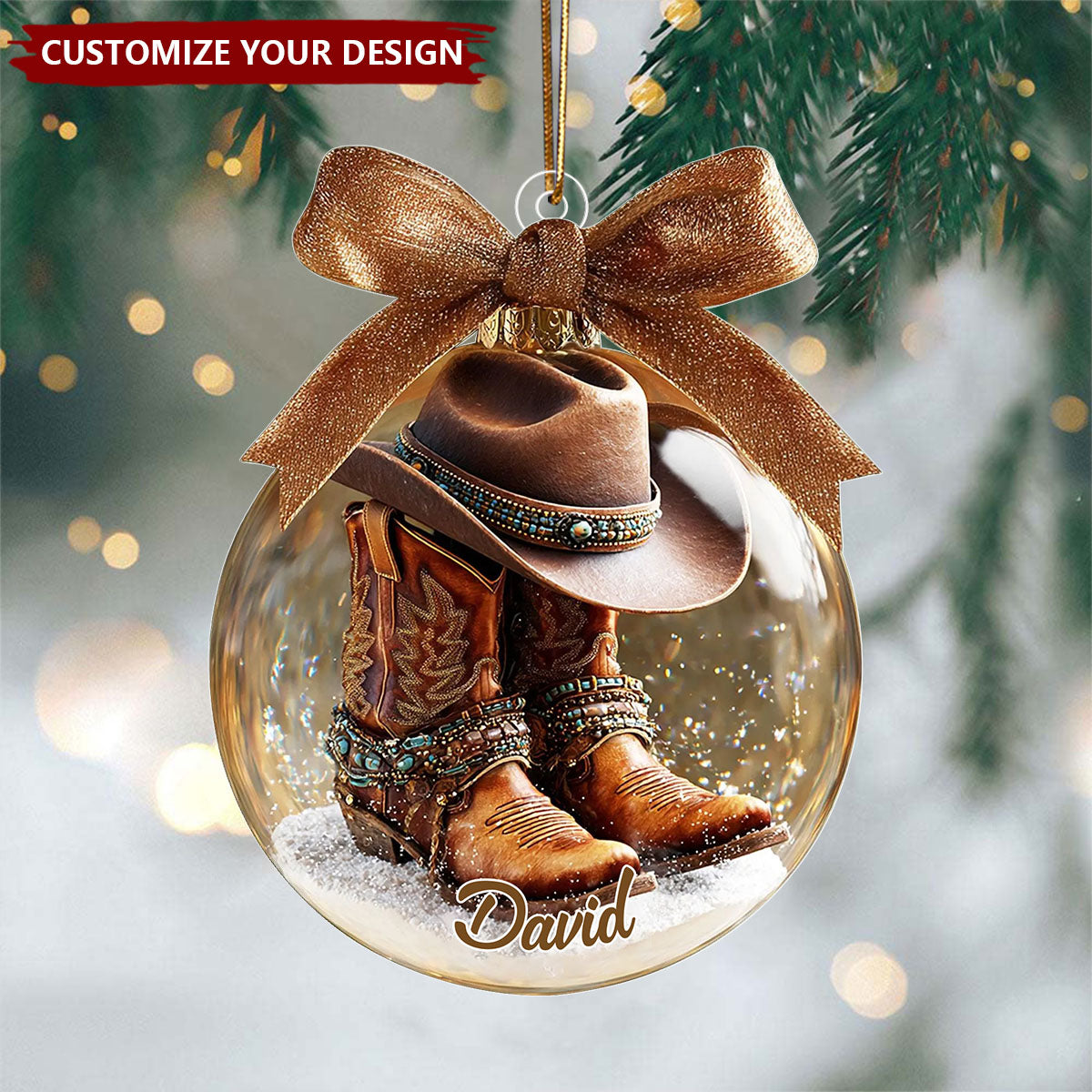 Personalized Cowboy Ornament, Custom Name Western Boots and Hat Ornament