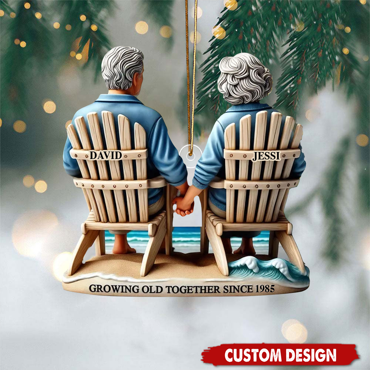 Old Couple Sitting On The Beach Growing Old Together, Personalized Christmas Acrylic Ornament, Gift For Couple 2025
