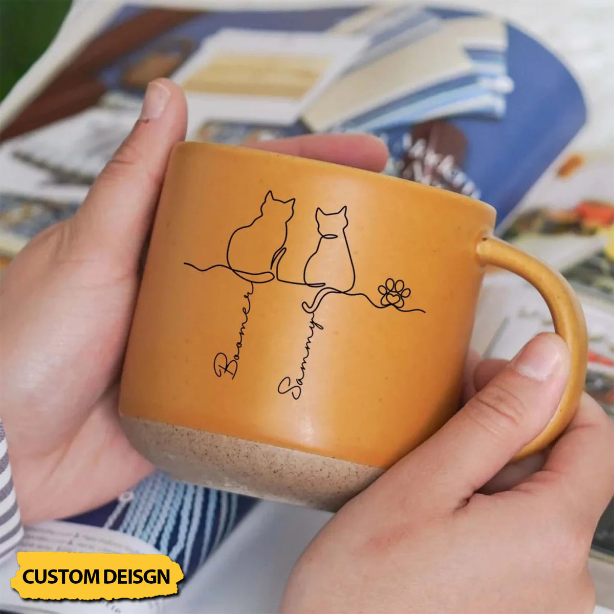 Line Art Cute Cats - Personalized Pottery Mug, Gift for Cat Lovers