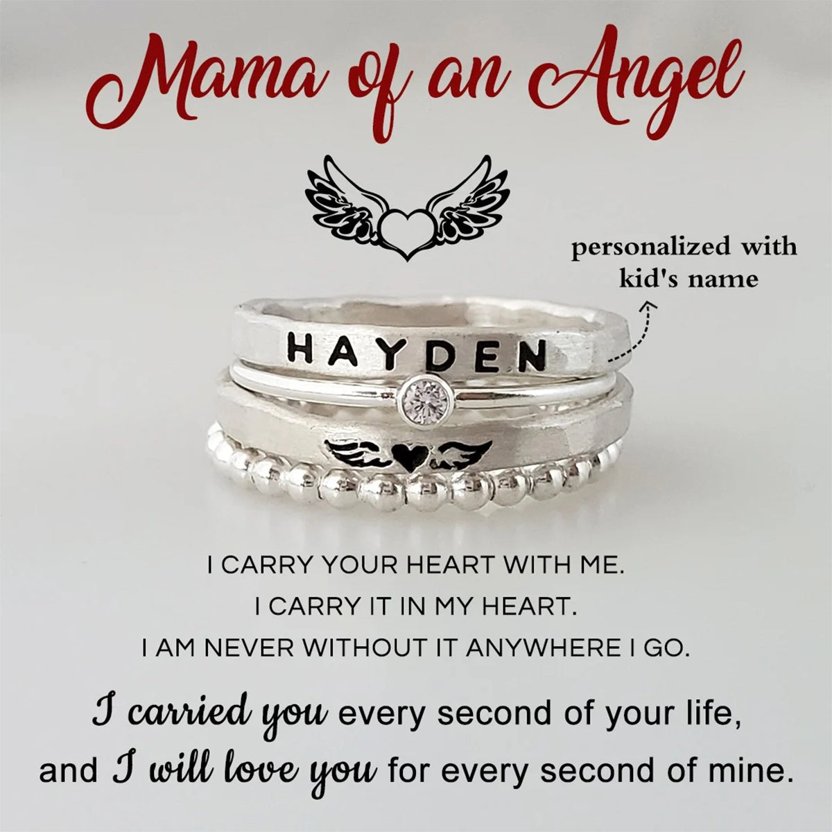 For Memorial-I Will Love You for Every Second of Mine Custom Name Wings Ring