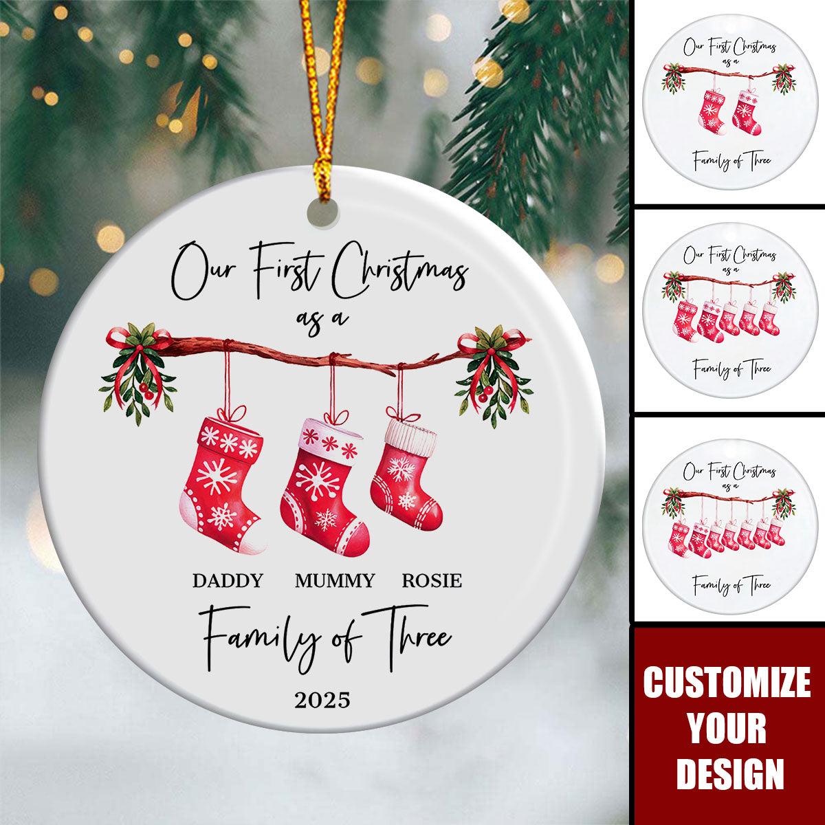 Personalised First Christmas as a Family Ceramic Ornament, Baby First Christmas Tree Ornament