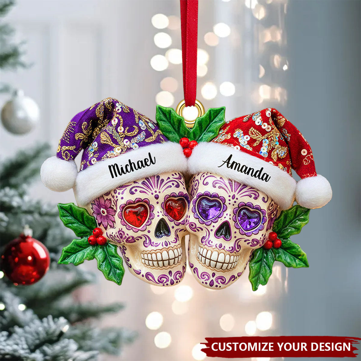 Personalized Christmas Dia de Los Muertos Skull Couple Acrylic Ornament, Gifts For Christmas