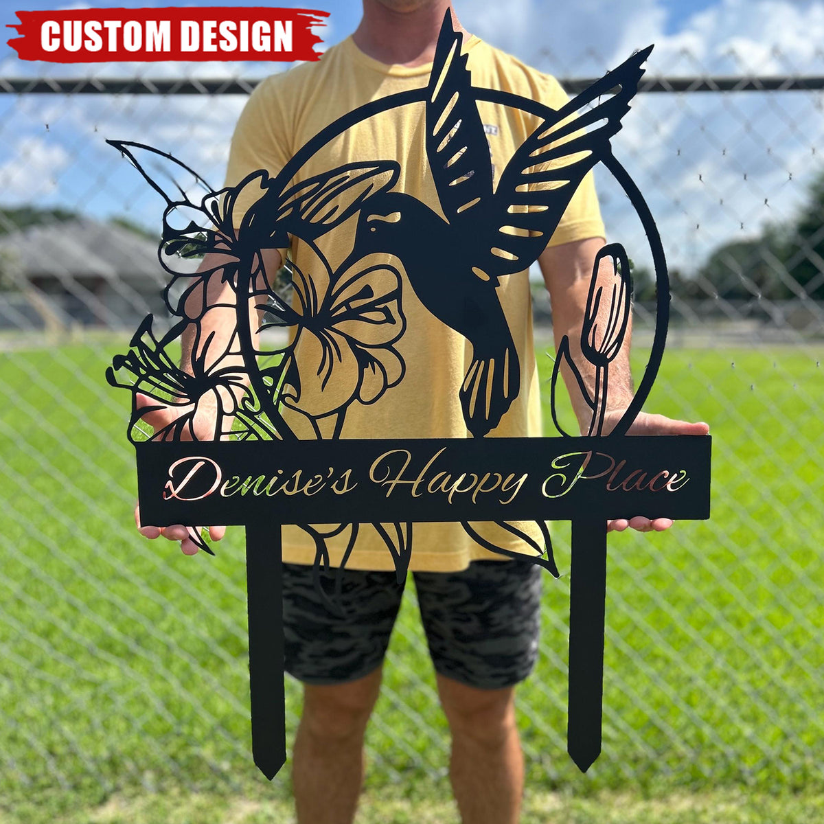 Hummingbird With Flower Personalized Metal Garden Sign