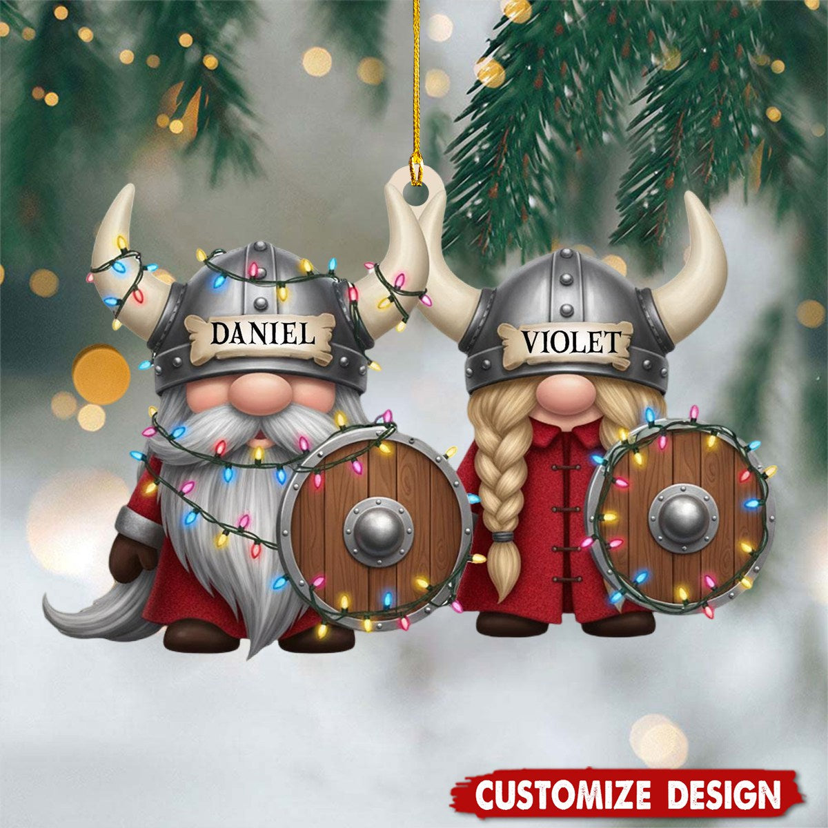 Custom Viking  Christmas Ornament – Personalized Name Nordic Couple Decoration with Helmets & Shields, Cute Holiday Tree Gift