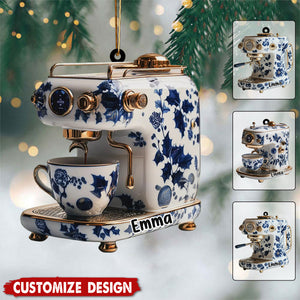 Personalized Unique Blue White Espresso Machine Christmas Ornament  - Gift For Coffee Maker And Floral Barista