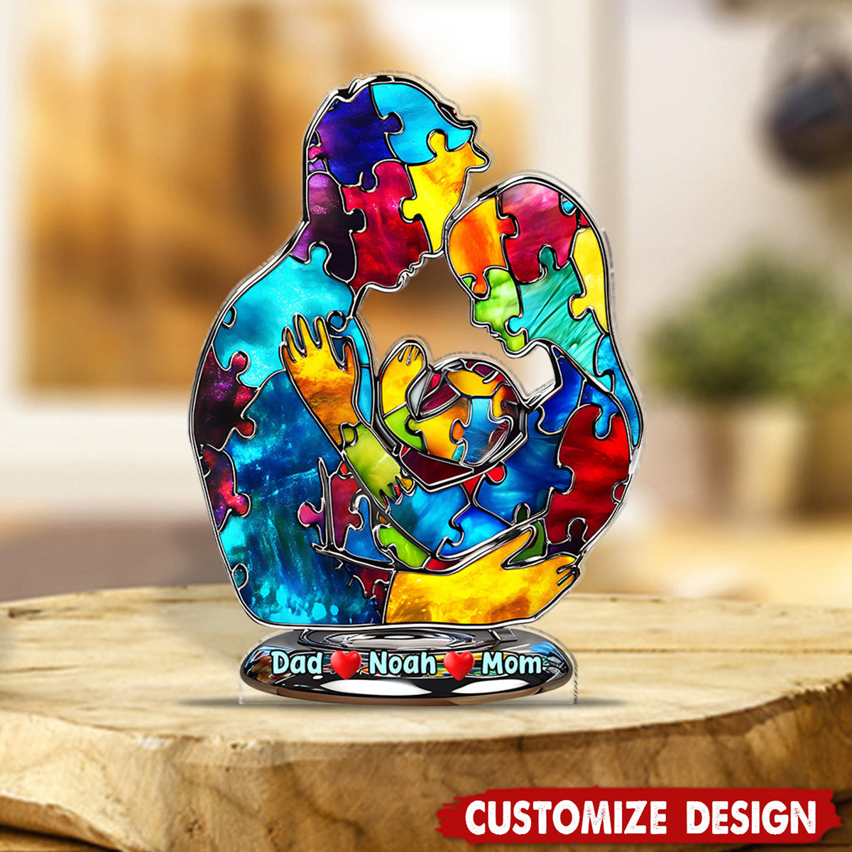 Autism Family Hugging - Personalized Autism Awareness Shaped Acrylic Plaque