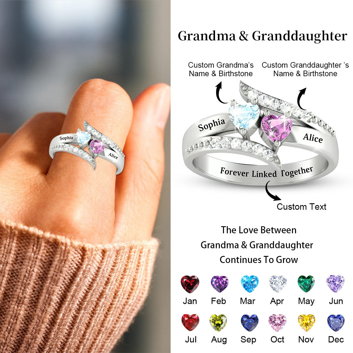 Forever Linked Together-Personalized Family Birthstones Ring-Gift For Grandma/Granddaughter