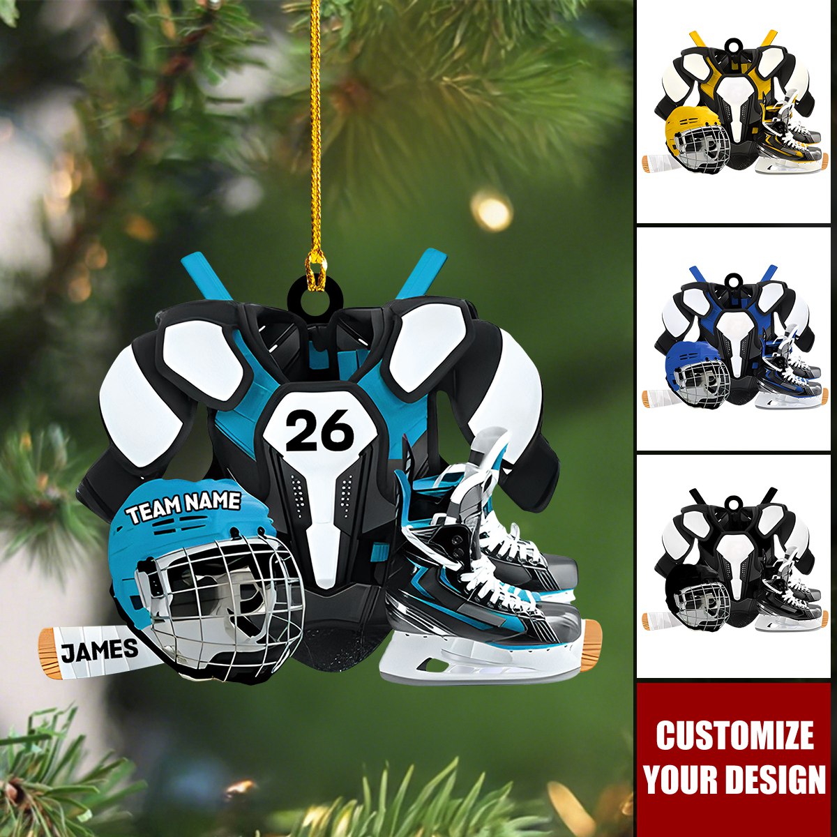 Personalized Hockey Player Ornament - Skates, Helmet, Stick - Gift for Hockey Lovers