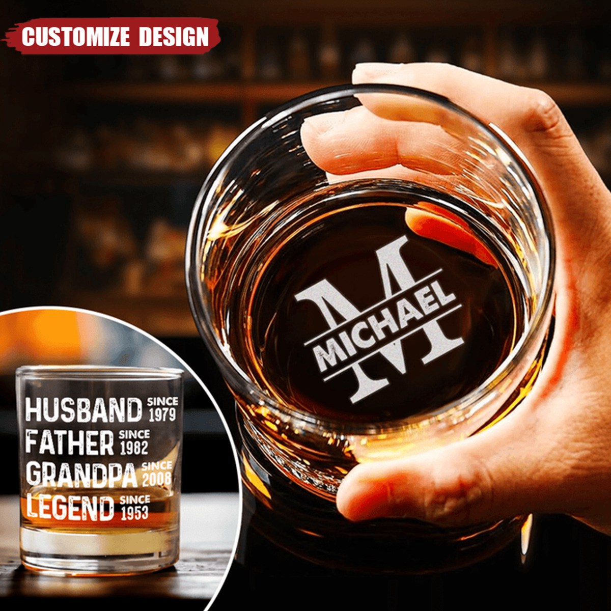 Husband Father Grandpa Legend- Personalized Whiskey Glass