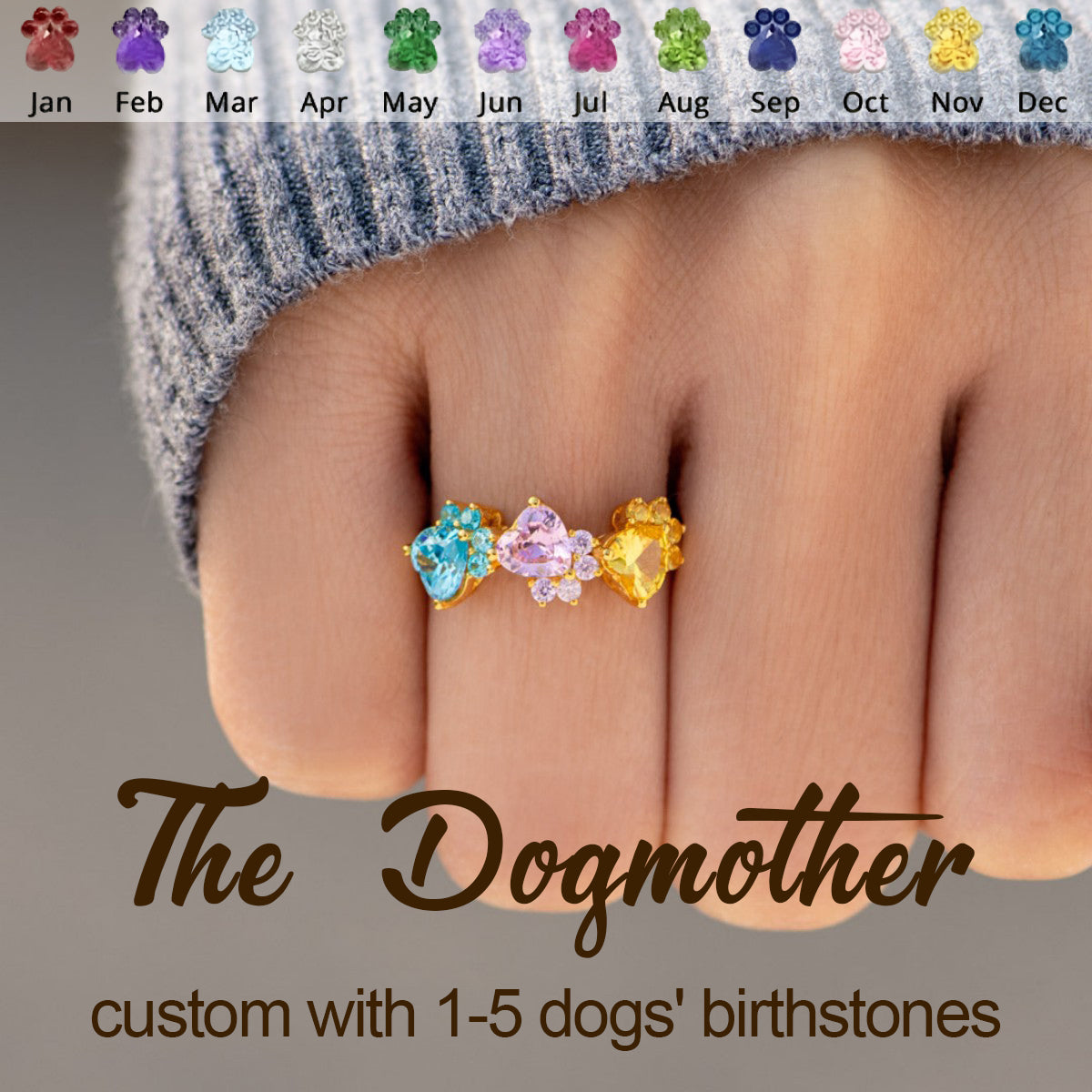 The Dogmother Dog Paws 1-5 Birthstones Ring