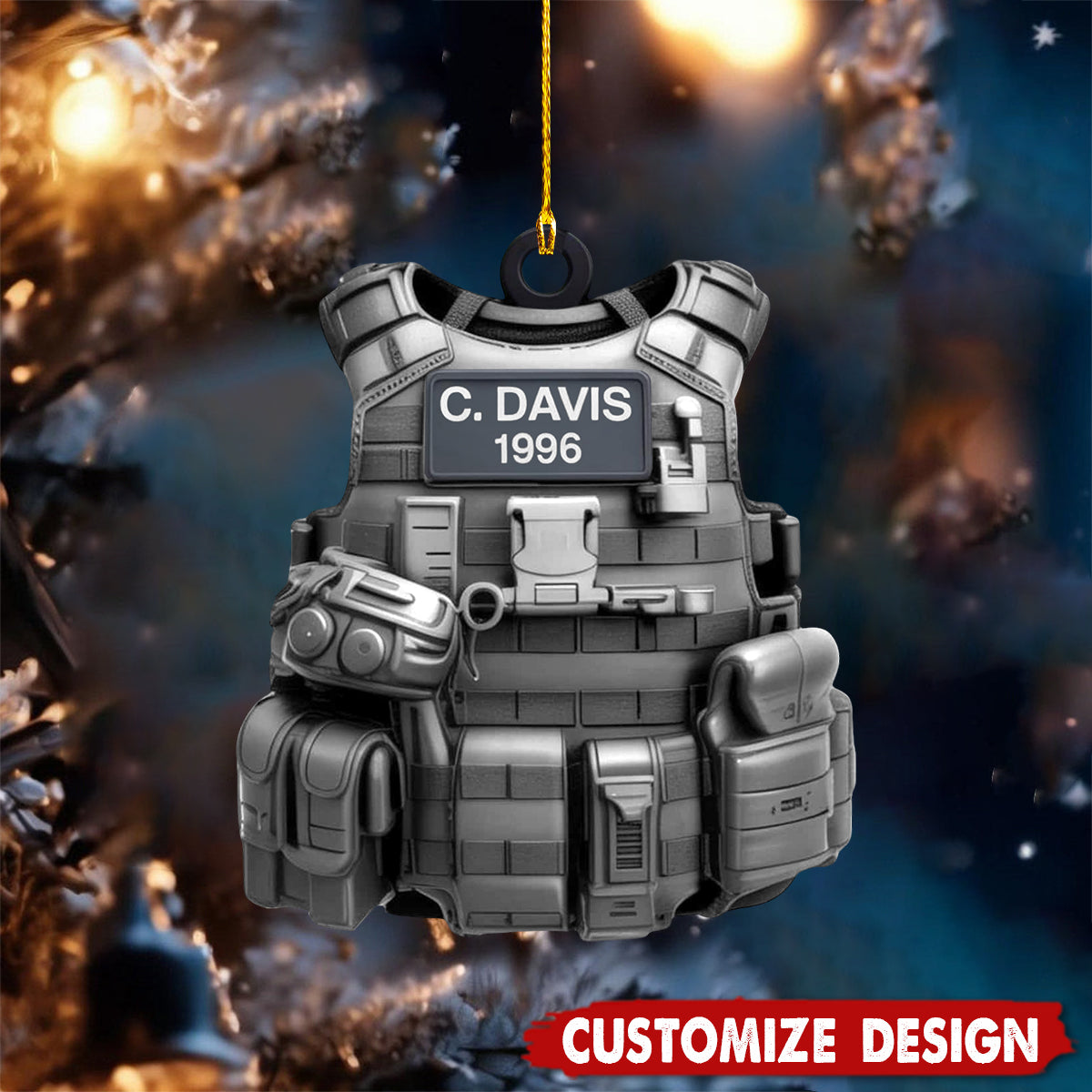Personalized Tactical Vest Ornament with Name & Number – Custom Christmas Tree Decoration – Gift for Military, Police, Security Forces