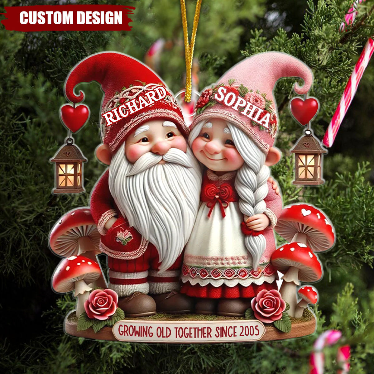 3D Effect Valentine's Dwarf Couple Personalized Christmas Ornament