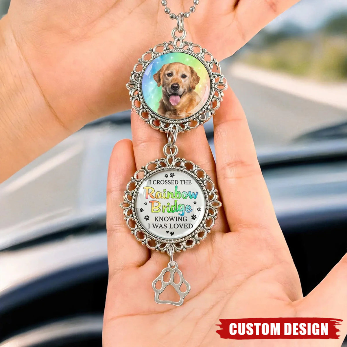 A Piece Of My Heart Is At The Rainbow Bridge - Personalized Metal Car Hanging Ornament With Charm - Sympathy Gift For Pet Owners, Pet Lovers