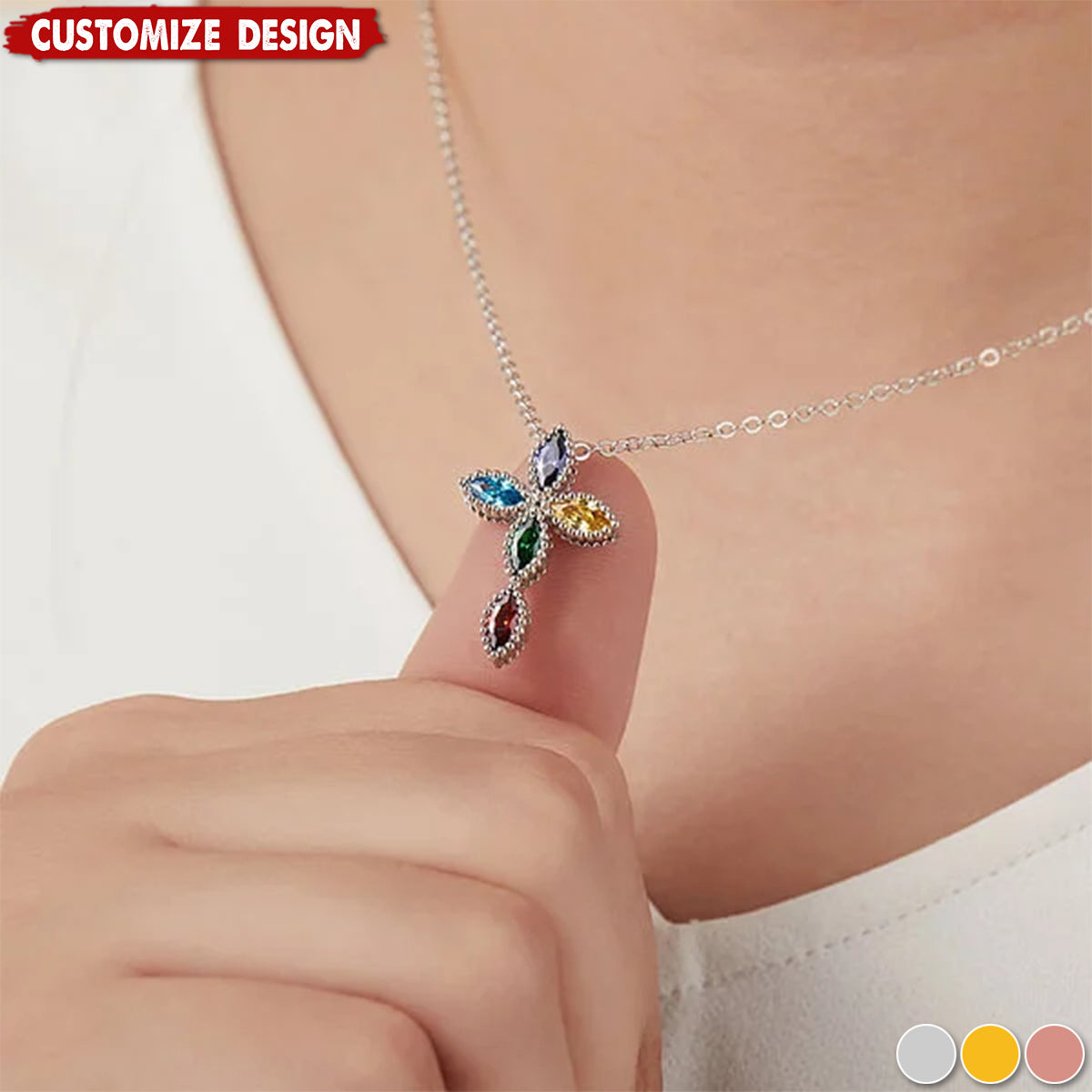 Personalized Mini Cross Pendant Necklace with 1-5 Family Birthstones Christening Gift for Woman