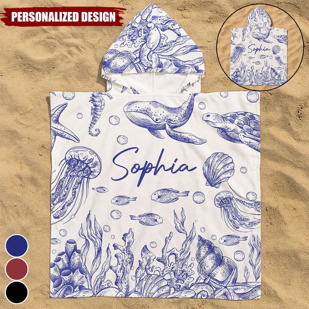 Under The Sea Toile De Jouy-Personalized Kids Hooded Towel