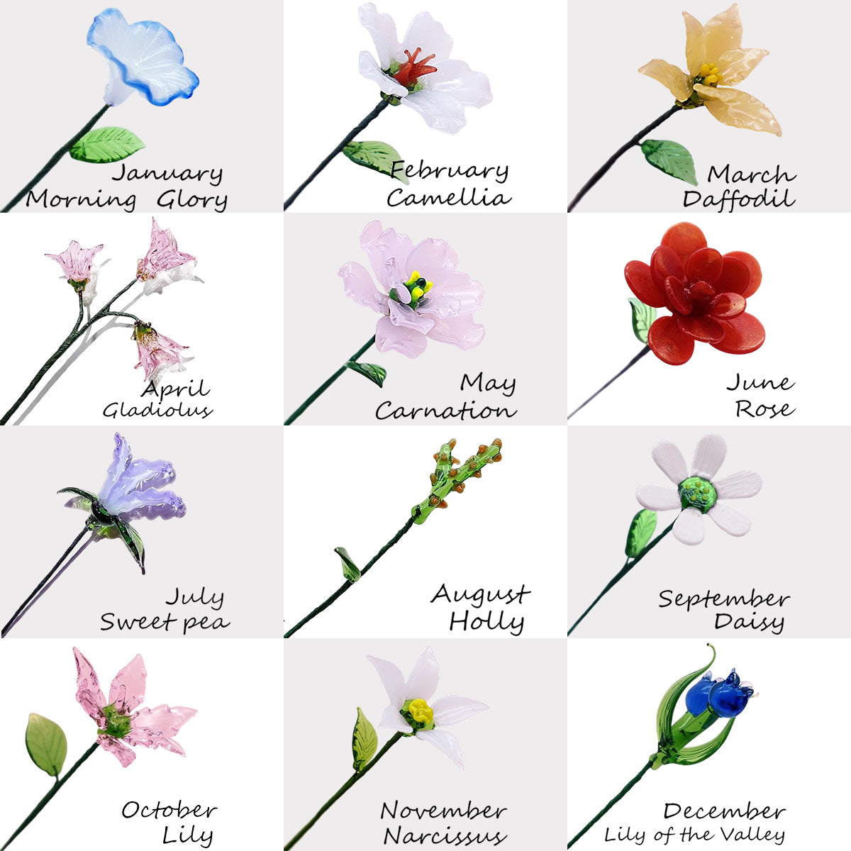 Handmade Glass Birth Month Flower, Birth Flower Bouquet - Teachers' Day Gift,Gift for Mom Grandma& Friends