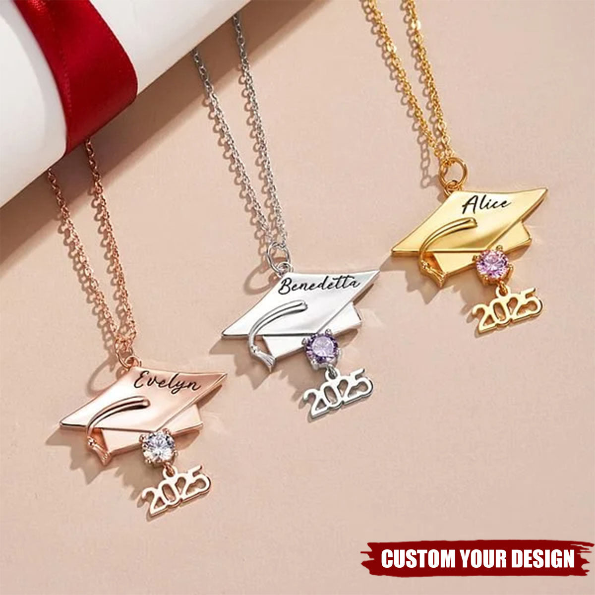 Personalized Dainty Graduation Cap Birthstone Necklace with Engraved Name and Year Graduation Birthday Gift for Graduates