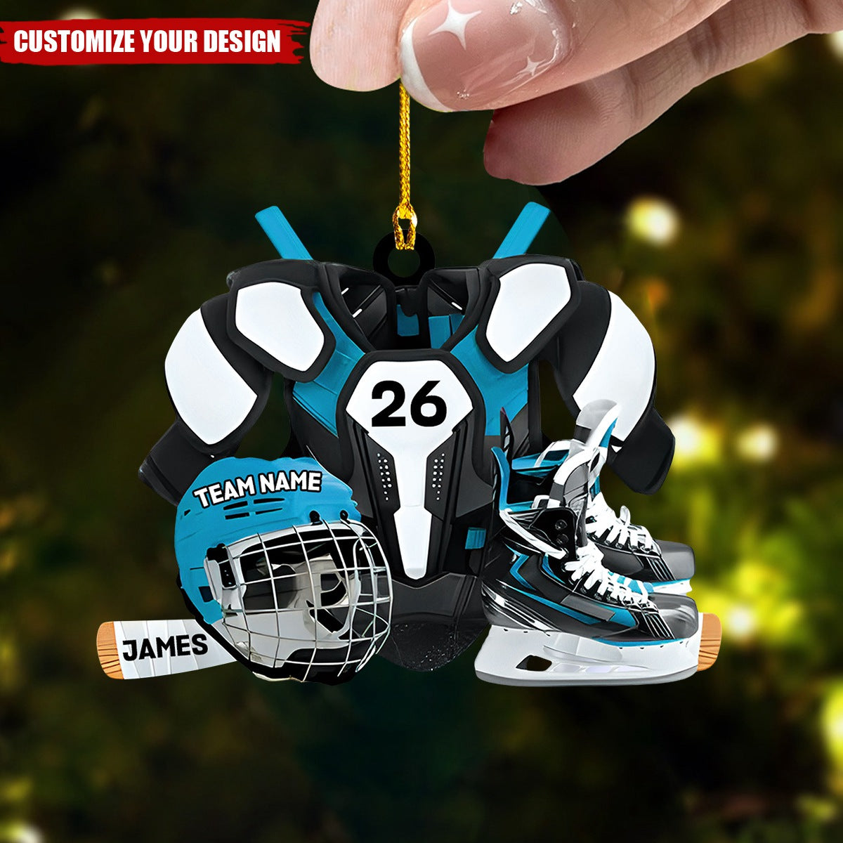 Personalized Hockey Player Ornament - Skates, Helmet, Stick - Gift for Hockey Lovers