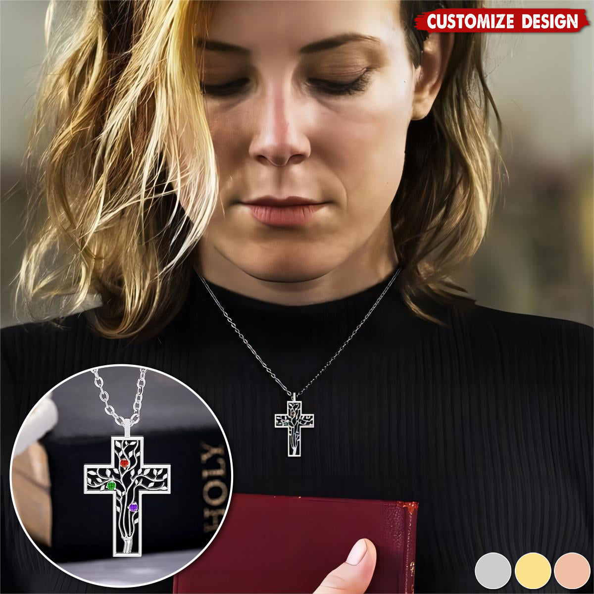 Personalized Cross 2-10 Birthstones Family Tree Necklace