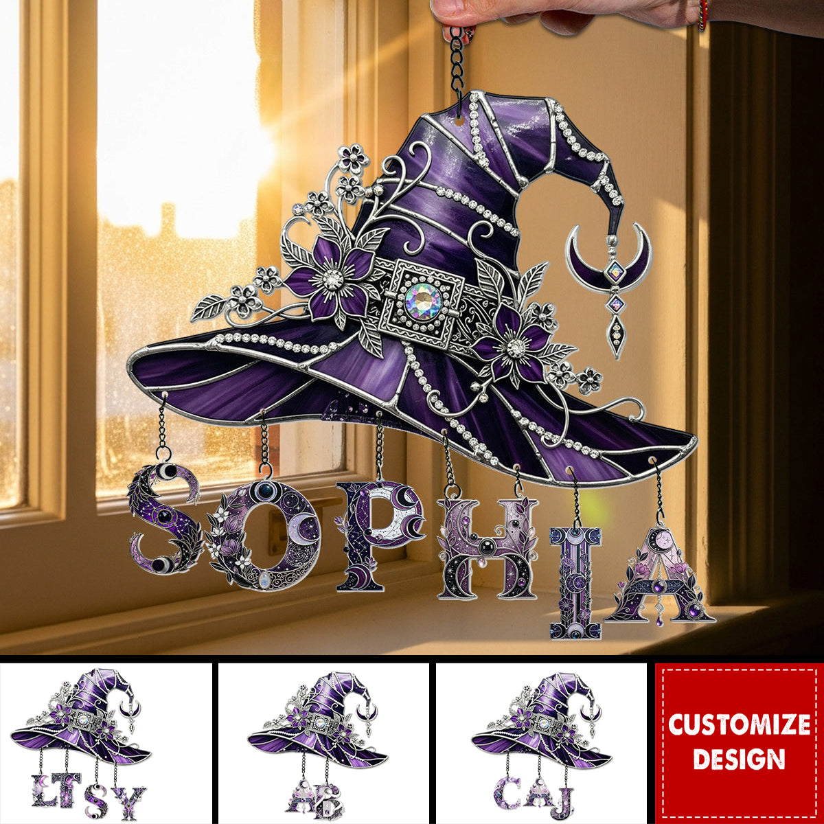 Floral With Hat - Personalized Witch Window Hanging Suncatcher With Custom Charms