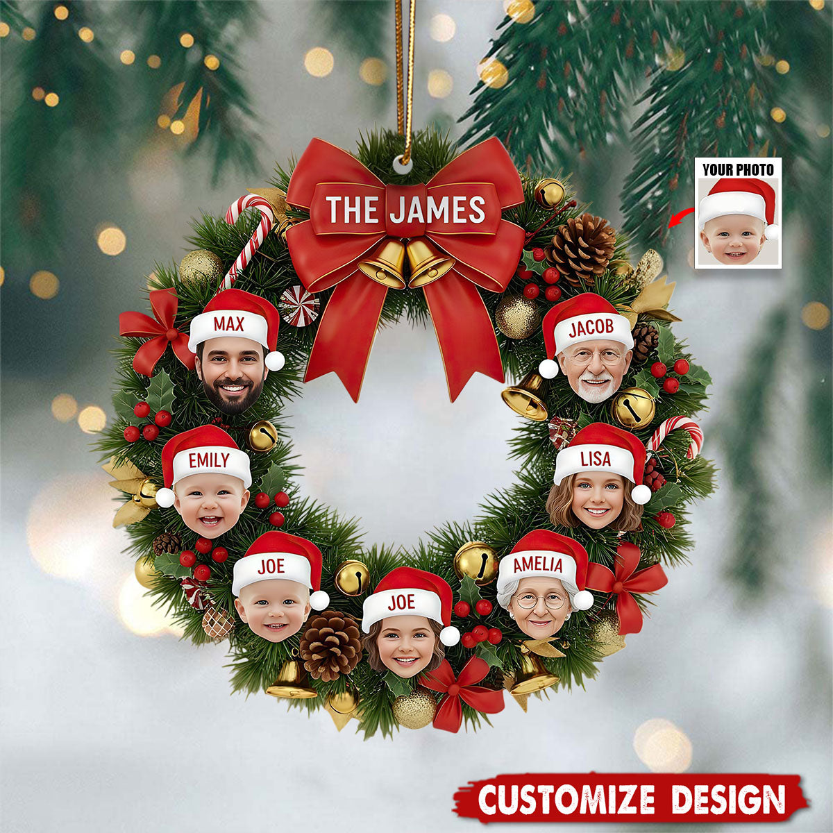 Personalized Christmas Wreath Family Picture Ornament - Gift For Family