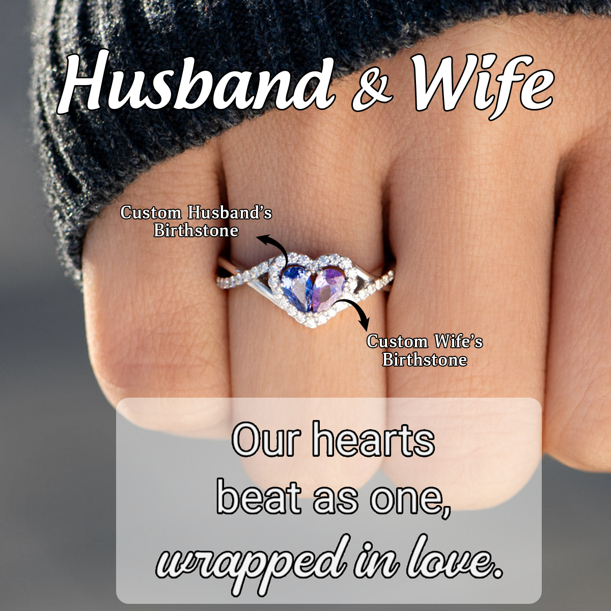 Personalized Husband And Wife Dual Teardrop Birthstone Heart Ring