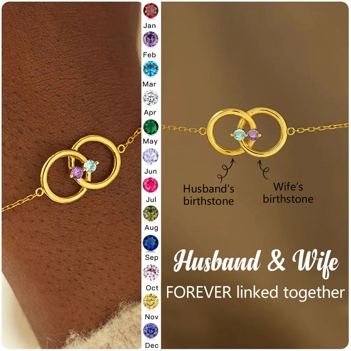 Personalized Husband & Wife Linked From the Heart Two Birthstones Interlocking Bracelet