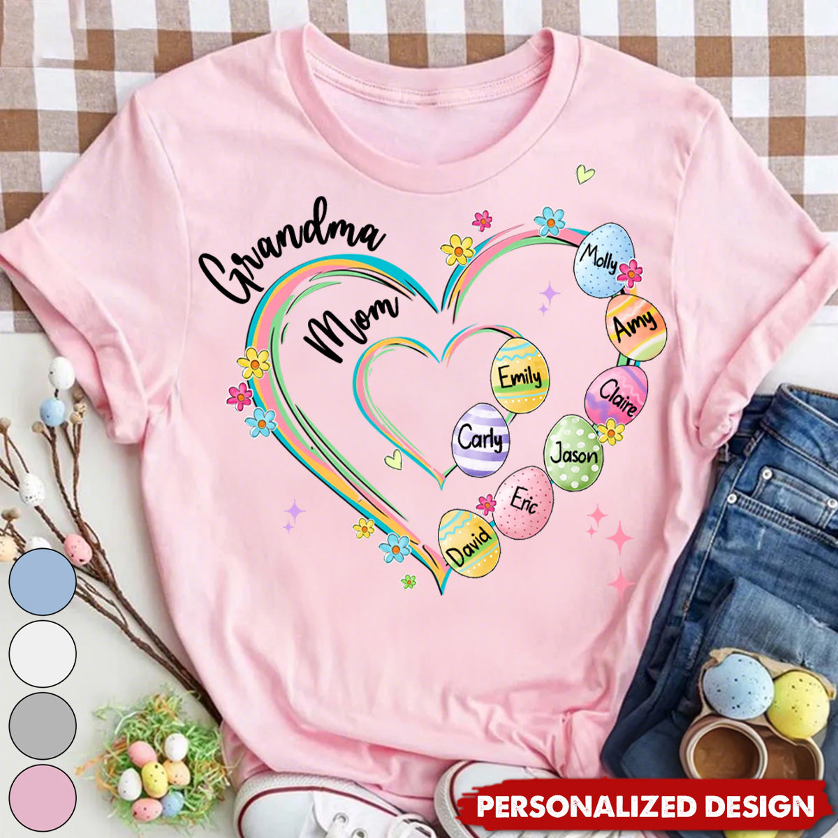 Heart Grandkid Name-Personalized T-Shirt-Gift For Grandma Mom Easter Day