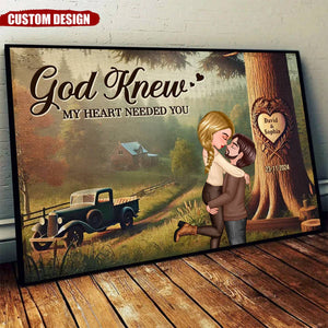God Gave Me You - Personalized Vintage Woodland Carved Heart Tree Poster, Gift For Couple