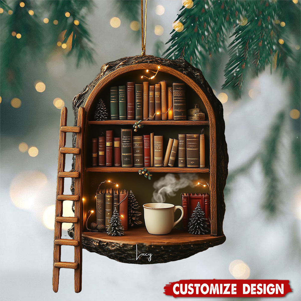 Personalized Handmade Wooden Book Nook Christmas Ornament, Cozy Library Gift For Readers